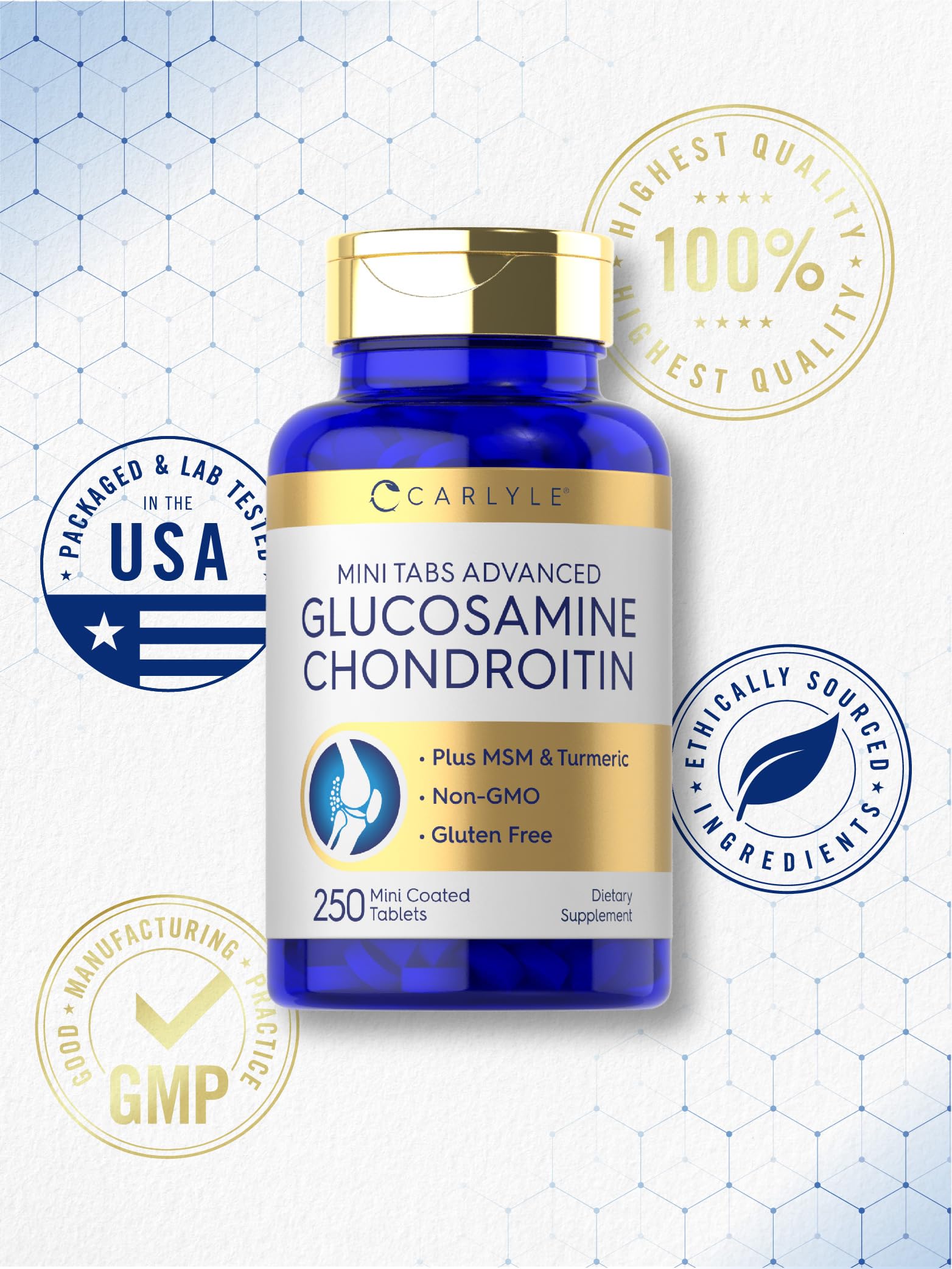 Carlyle Glucosamine Chondroitin MSM Turmeric | 250 Mini Tablets | Non-GMO and Gluten Free